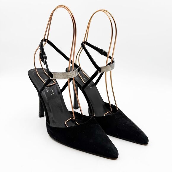 Gucci Black Suede Leather Strappy Heels Pointed Toe Size 7 - Picture 1 of 15